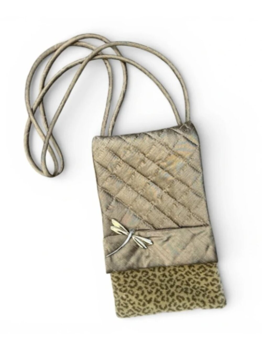 Boho Quilted Crossbody Bag Leopard Print Dragonfly Accent